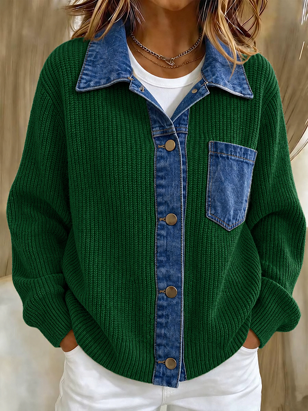 New Arrival 🔥Women’s Contrast Denim Collar Button Front Knit Cardigan with Chest Pocket