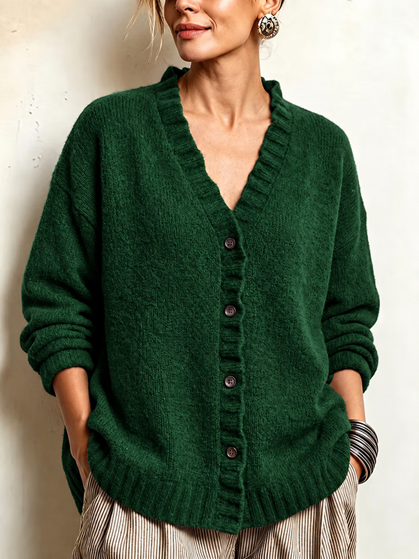 CLEARANCE SALE🔥Women’s Ruffle Trim V-Neck Button-Front Textured Knit Cardigan Sweater