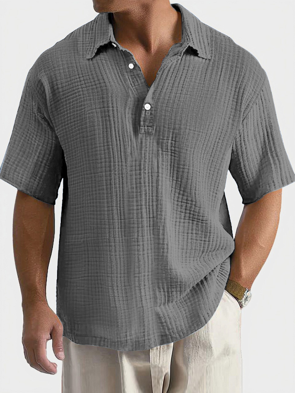 Men's Casual, Comfortable, Breathable Pleated Texture Button Short-sleeved Polo Shirt