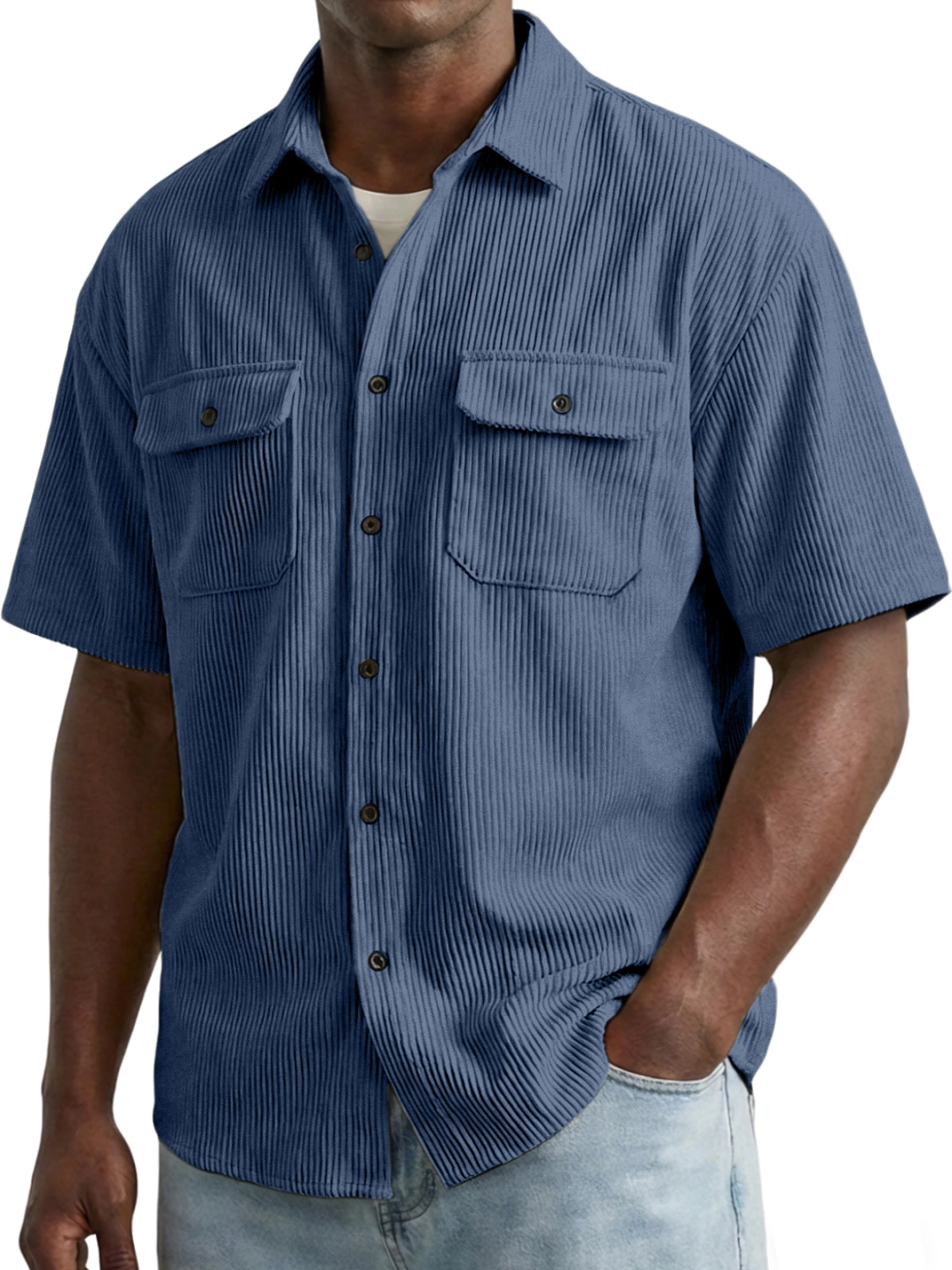 Men's Retro Solid Color Vertical Ribbed Double Pocket Short-Sleeve Shirt