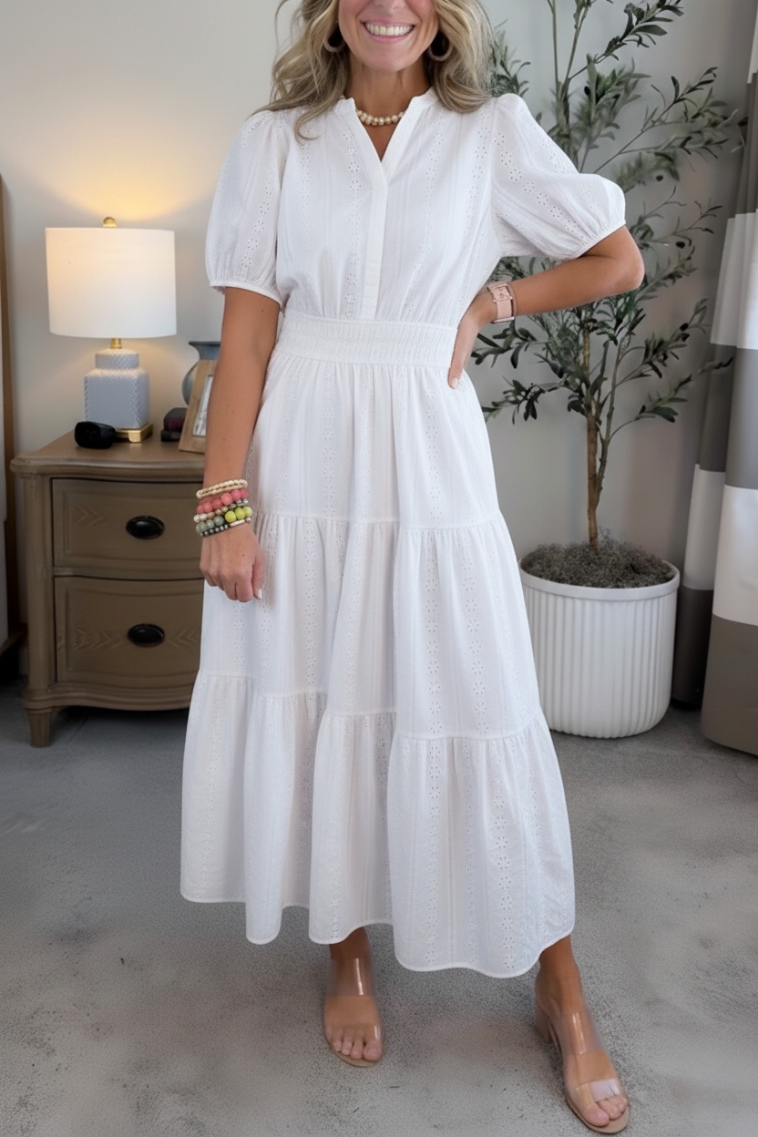 NEW🔥Women’s Puff Sleeve V-Neck Smocked Maxi Dress