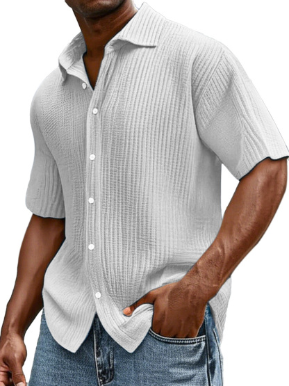 Men's Daily Casual Loose Comfortable Cotton Ruffled Texture Lapel Short Sleeve Button Shirt
