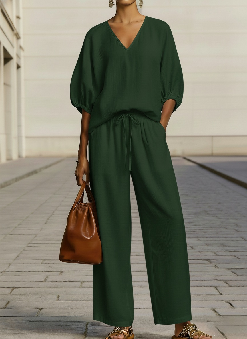 Women's Minimalist Casual Cotton-linen V-neck Set