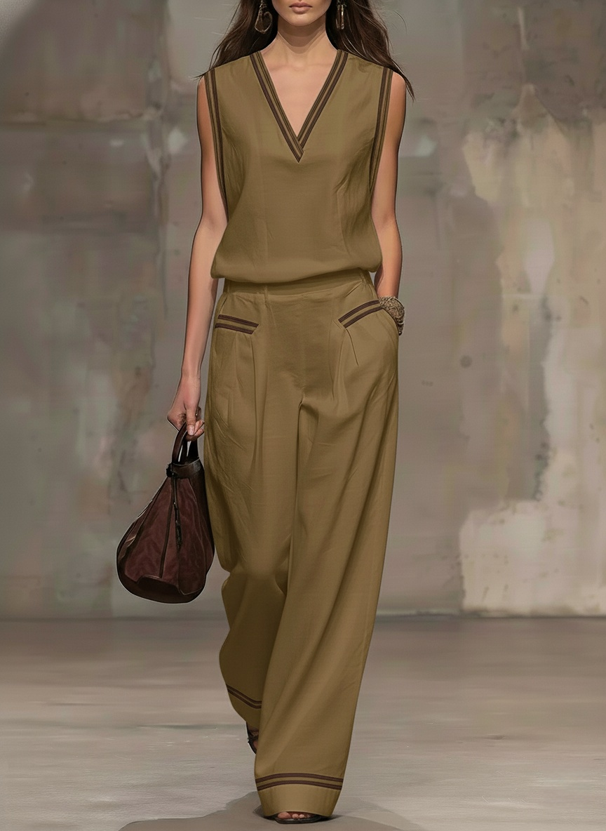 Casual Retro Brown-trimmed White Cotton Linen Sleeveless Top And Pants Set