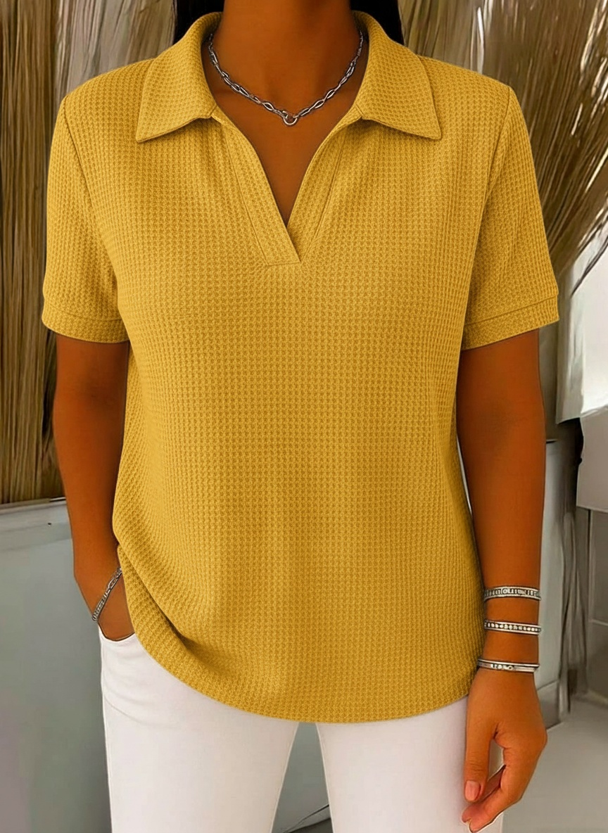 Women's Solid-color V-neck Short-sleeve Casual Waffle-knit Cotton Top