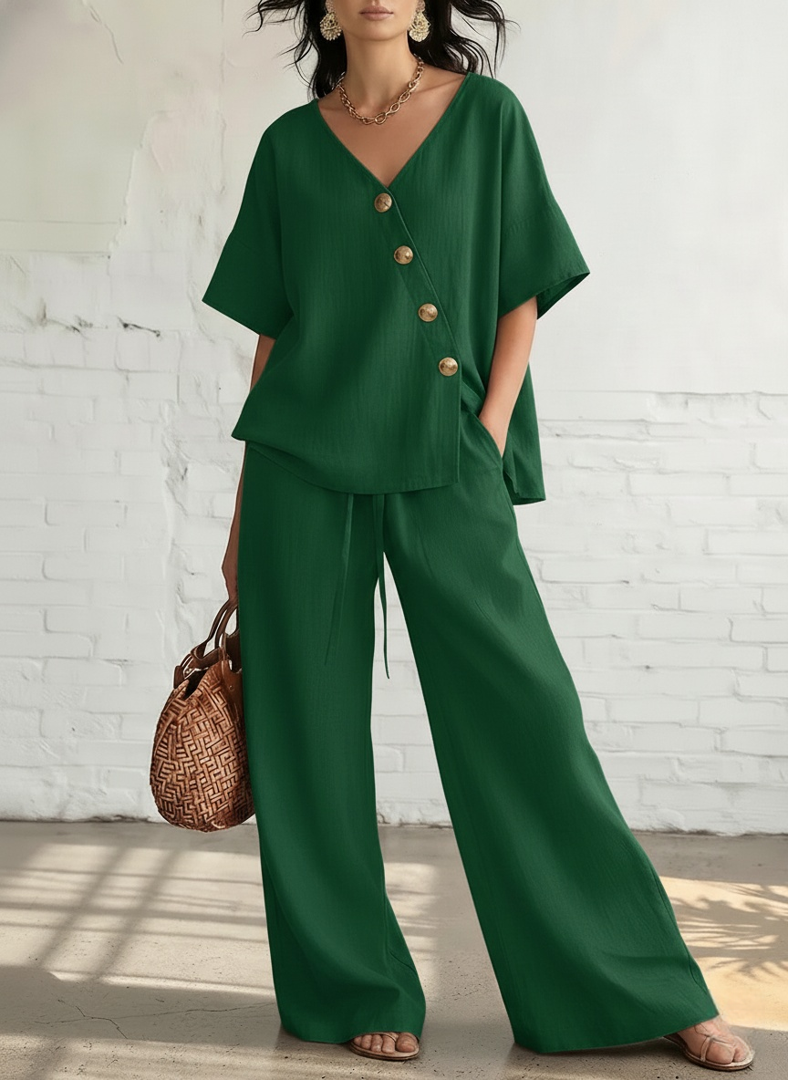 New Arrivals🔥Women's Cozy & Elegant Metal Buttons Cotton-linen Two-piece Set
