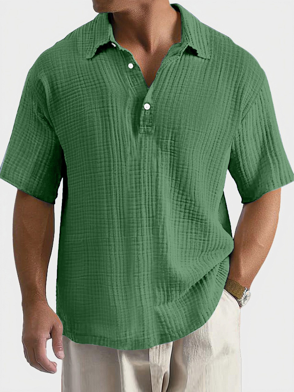 Men's Casual, Comfortable, Breathable Pleated Texture Button Short-sleeved Polo Shirt