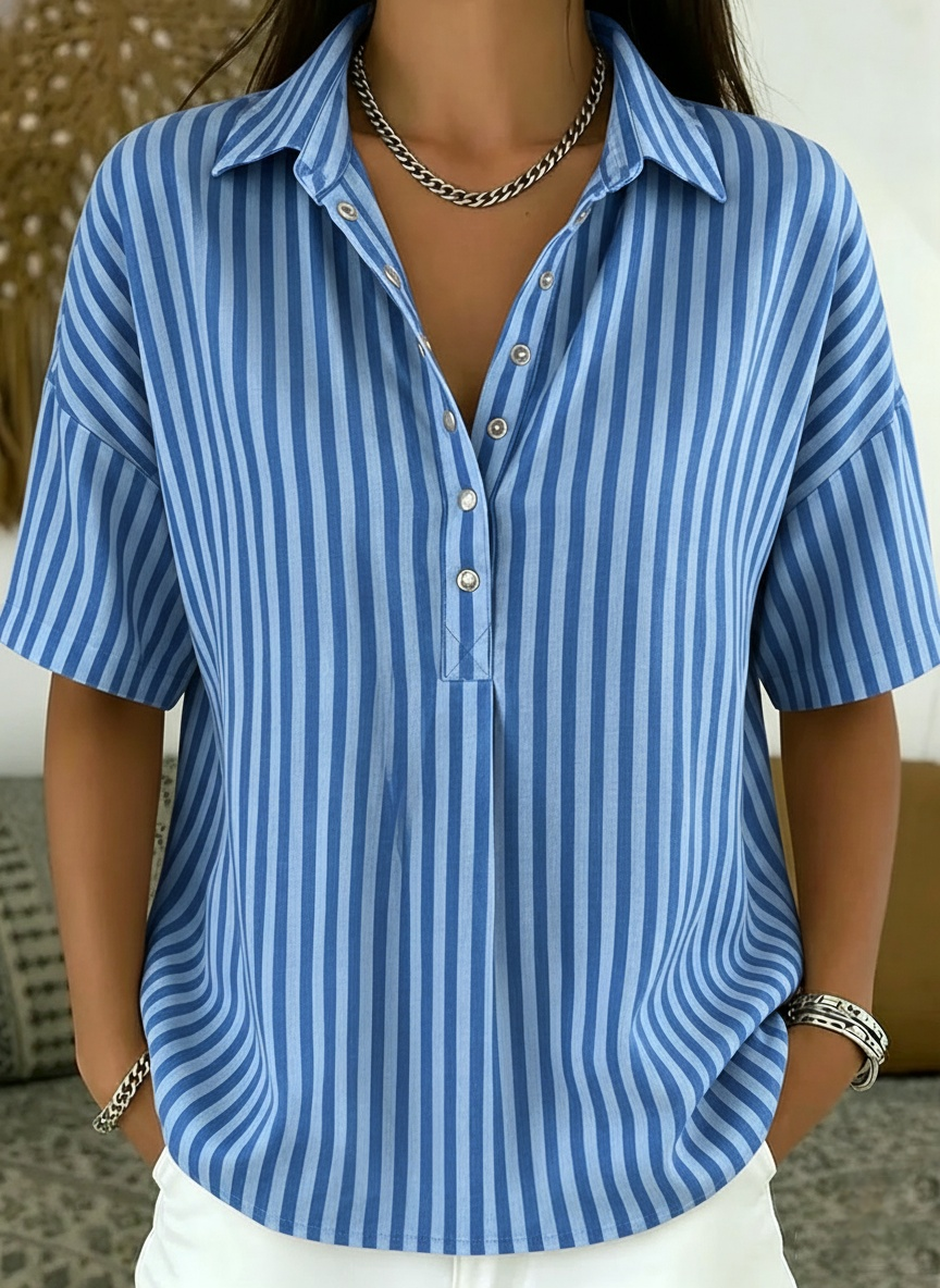 Casual Striped Polo Collar Snap Buttons Cotton-linen Shirt
