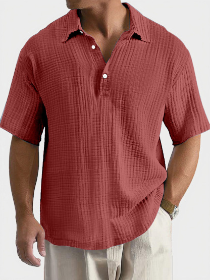 Men's Casual, Comfortable, Breathable Pleated Texture Button Short-sleeved Polo Shirt