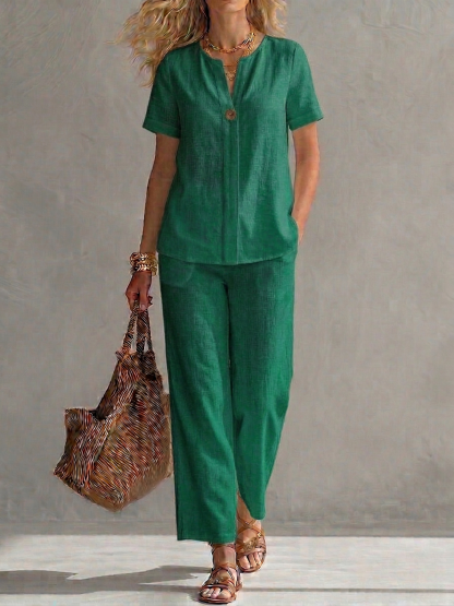 New Arrivals🔥Women's Cotton-Linen Short-Sleeve V-Neck Top and Trousers Set