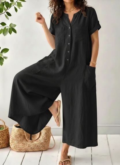 Casual Short-sleeve Linen-cotton Wide-leg Jumpsuit