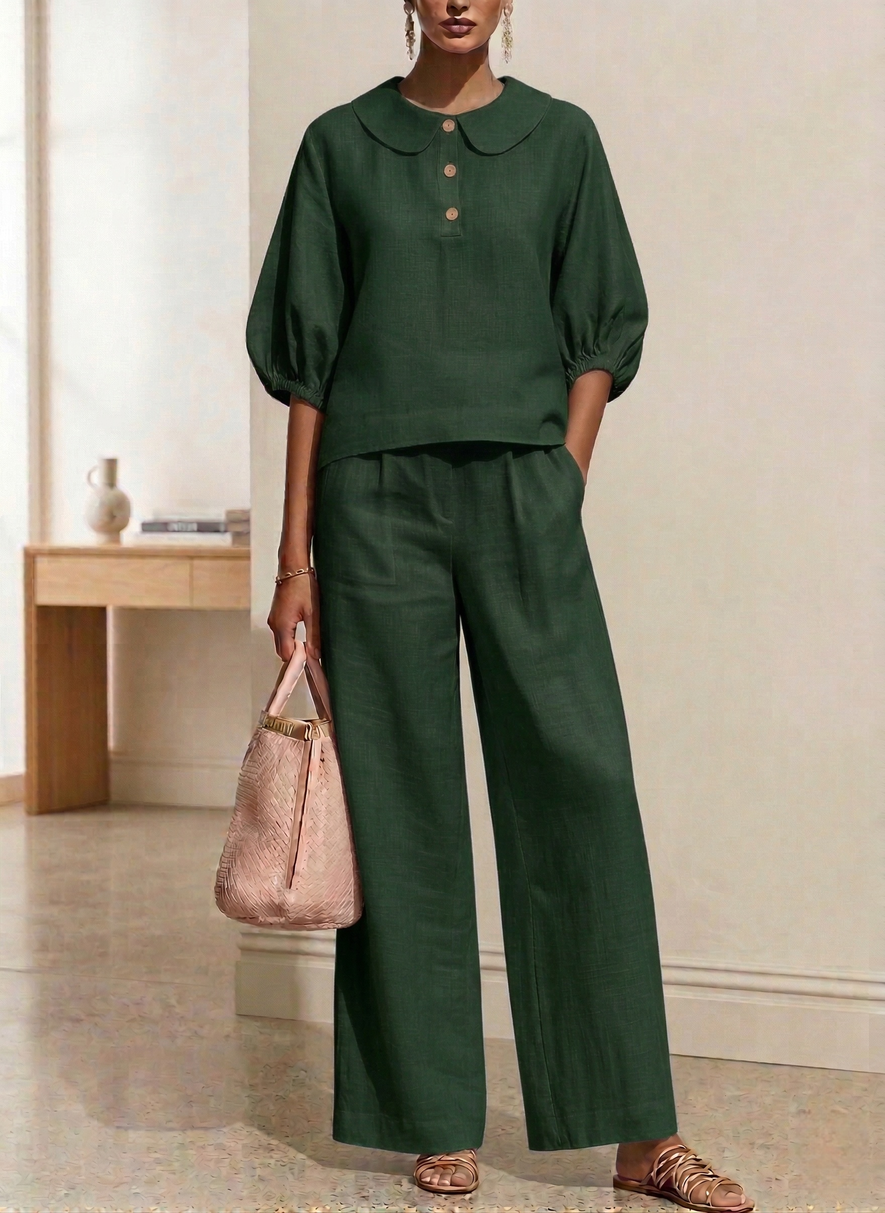 New Arrivals🔥Women's Elegant Cotton Linen Peter Pan Collar Two-Piece Set