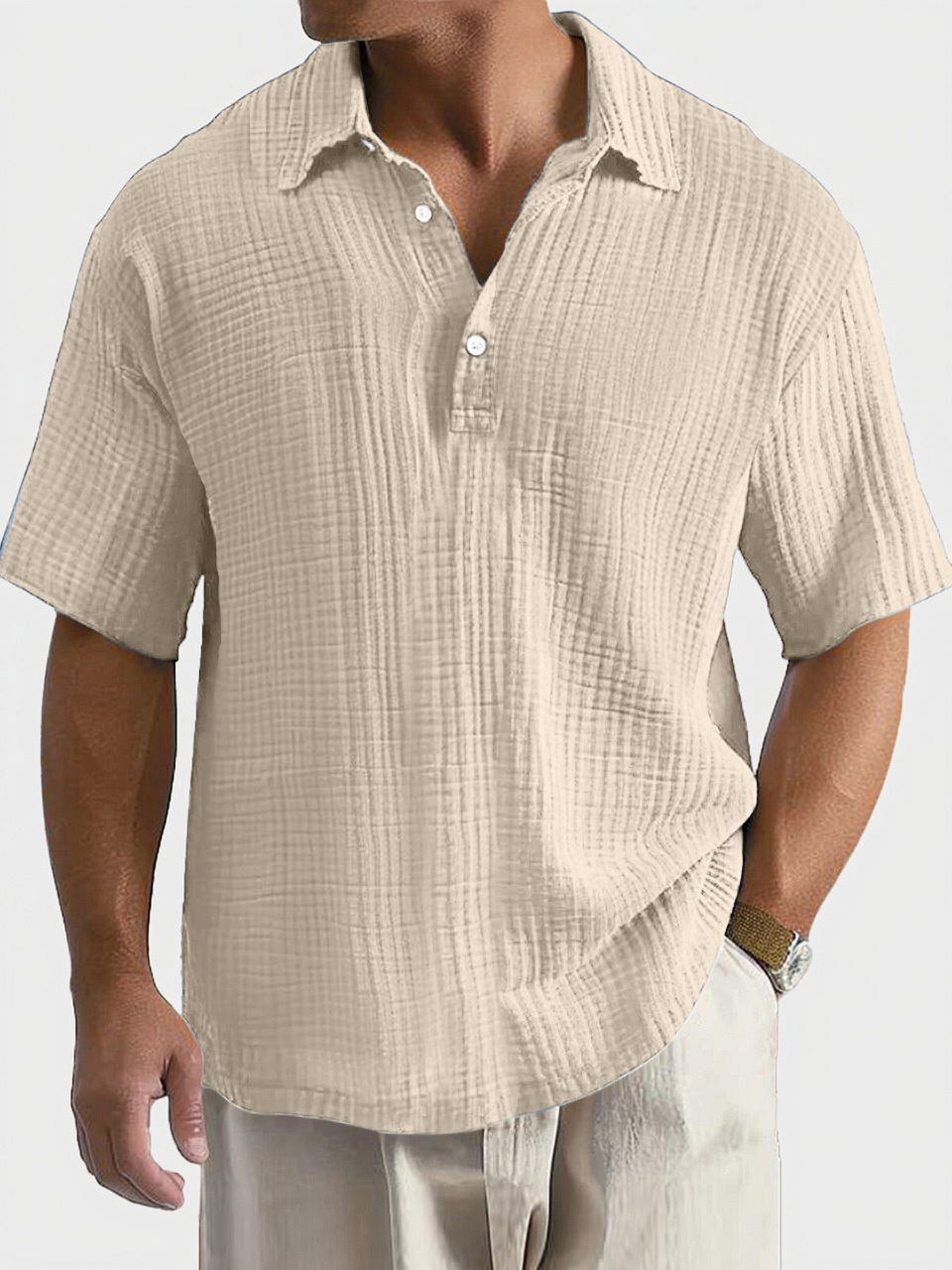 Men's Casual, Comfortable, Breathable Pleated Texture Button Short-sleeved Polo Shirt