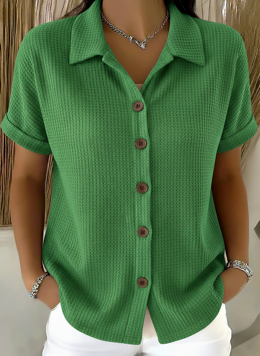 Casual Polo-collar Button-up Waffle Shirt