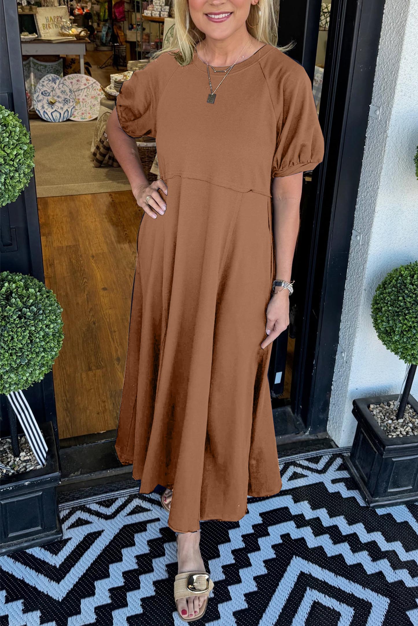 🔥Women's Solid Color Puff Sleeve Round Neck Long Dress（Buy 2 Free Shipping）