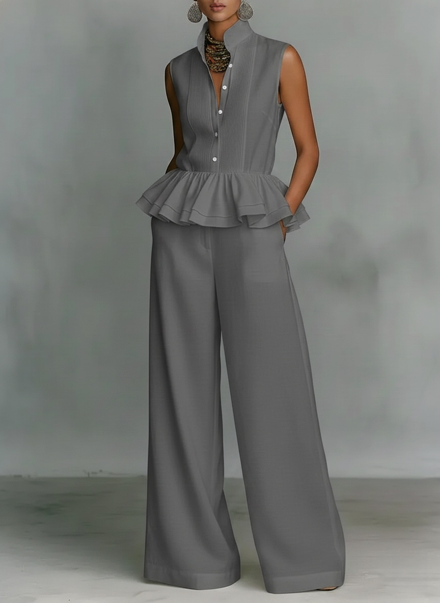 New Arrivals🔥 Women's Office Style Stand Collar Ruffle Sleeveless Top & Wide-leg Pants Set