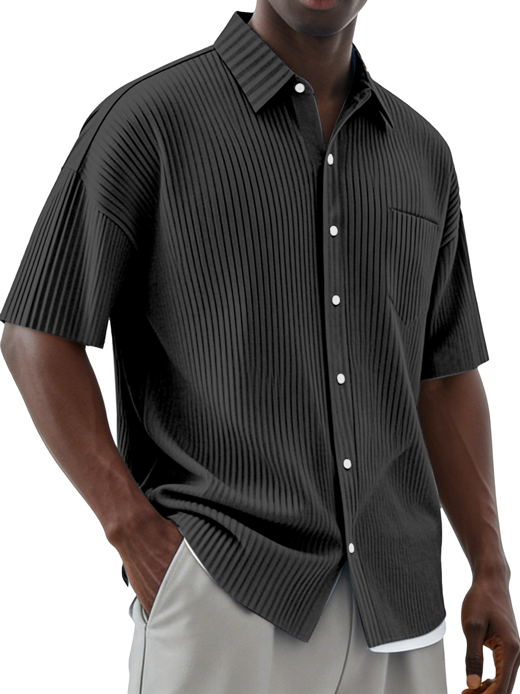 Men's Daily Simple Vertical Pit Lapel Button Short Sleeve Shirt