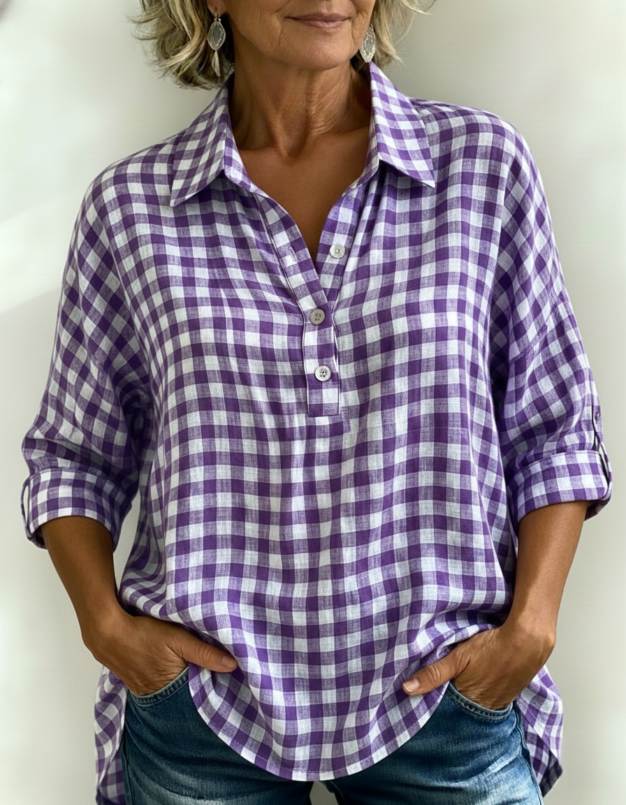 New Arrivals🔥Women's Gingham Henley Linen Look Shirt