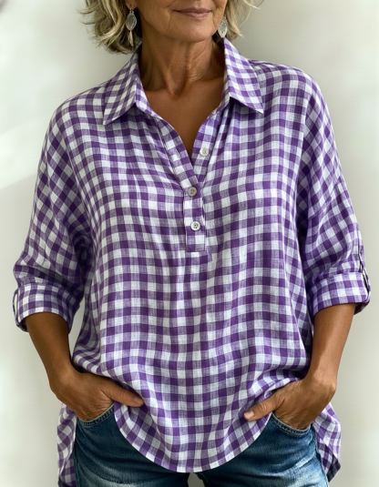 New Arrivals🔥Women's Gingham Henley Linen Look Shirt