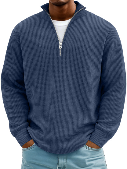 Men's Casual Simple Breathable Fabric Stand Collar Zipper Long Sleeve T-shirt