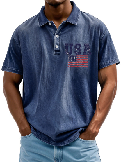 Men's Vintage American Independence Day Flag Print Lapel Short Sleeve Polo Shirt