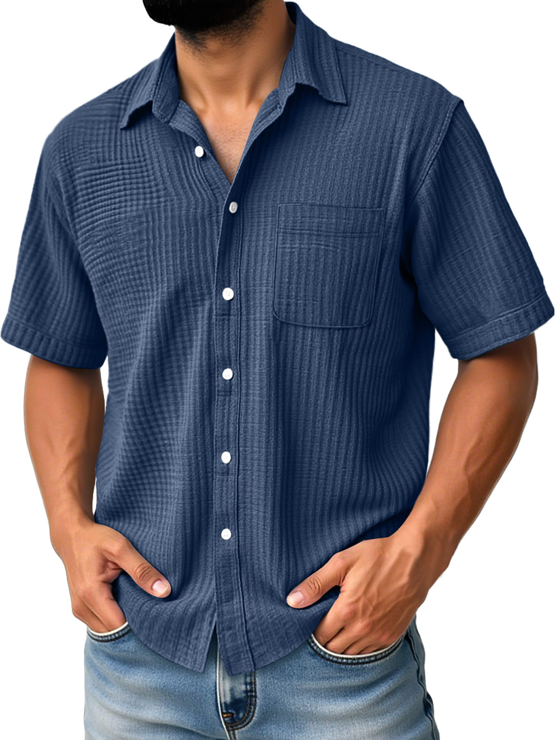 Men's Daily Casual Pleated Pocket Comfortable Solid Color Short Sleeve Shirt