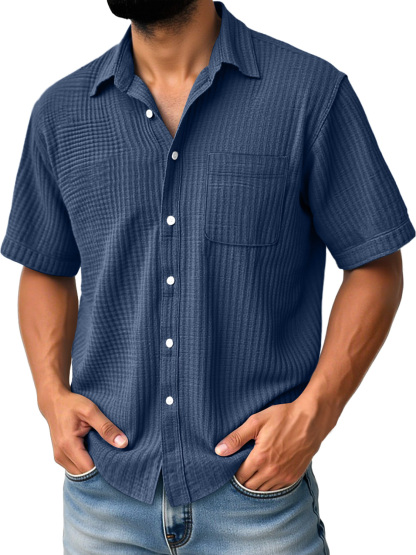 Men's Daily Casual Pleated Pocket Comfortable Solid Color Short Sleeve Shirt