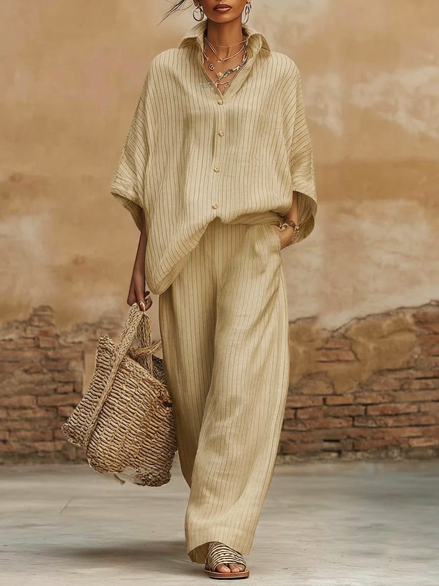New Arrivals🔥Women's Elegant Classic Striped Shirt And Wide-leg Pants Two-piece Set