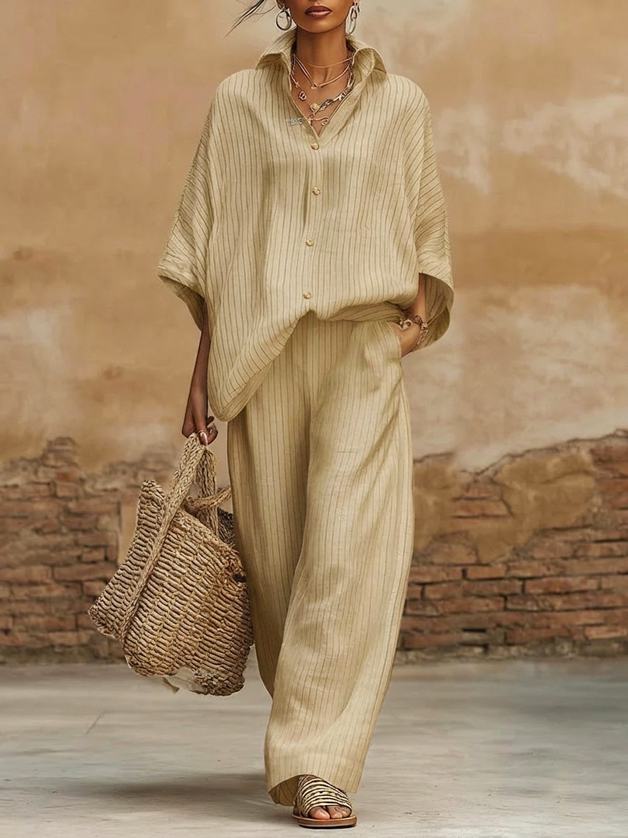 New Arrivals🔥Women's Elegant Classic Striped Shirt And Wide-leg Pants Two-piece Set