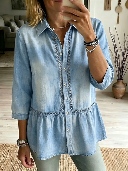 CLEARANCE SALE🔥Women's Casual Denim Shirt With Spliced cut-out Lace Detailing