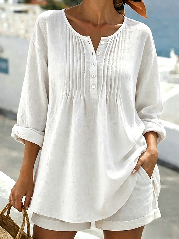 New Arrivals🔥Women's Solid Color Round Neck Long-sleeved Casual Loose Pleated Cotton And Linen Top