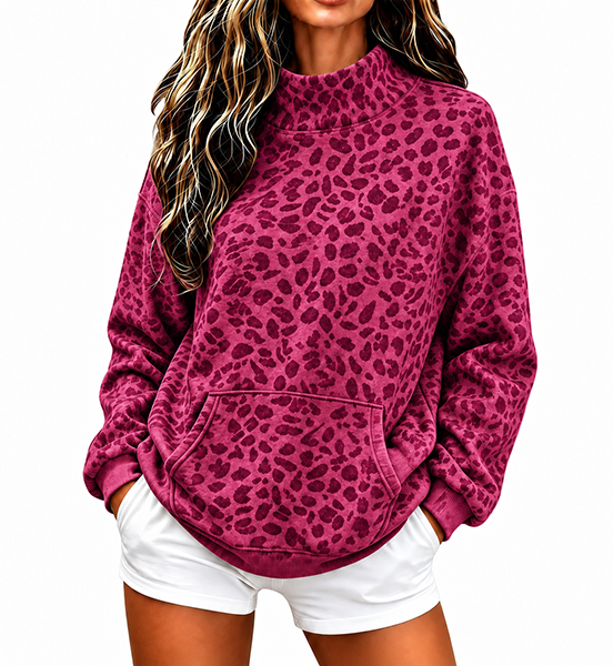CLEARANCE SALE💥Women’s Leopard Print Mock Neck Relaxed Fit Pullover Sweatshirt with Kangaroo Pocket