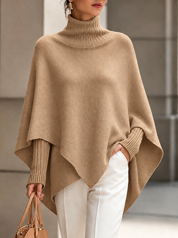 CLEARANCE SALE🔥Women's Solid-Color High-Neck Long-Sleeve Loose-Fit Cape-Style Knit Top