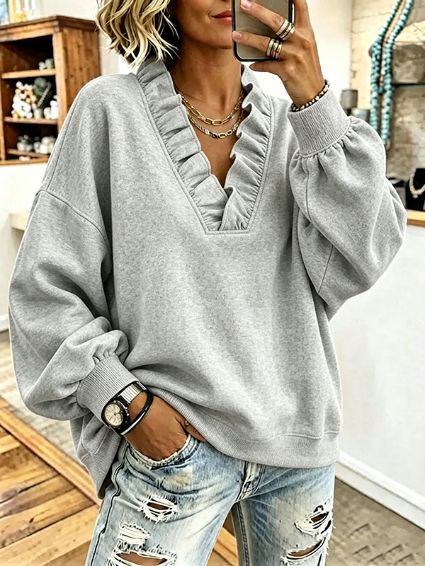 CLEARANCE SALE💥Women’s  Cozy Oversized Vibrant Pink Ruffled Sweatshirt
