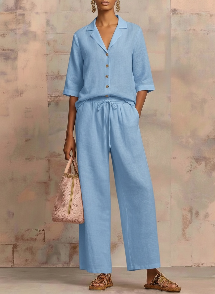 New Arrivals🔥Vintage Cuban Collar Metal Button Linen Cotton Two-piece Set