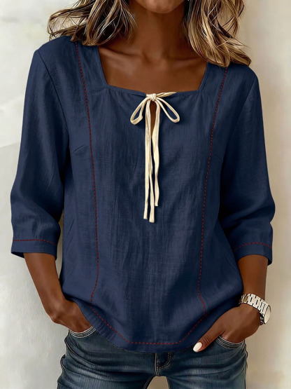 New Arrivals🔥 Women's Square-neck 3/4-sleeve Loose-fit Cotton-linen Top