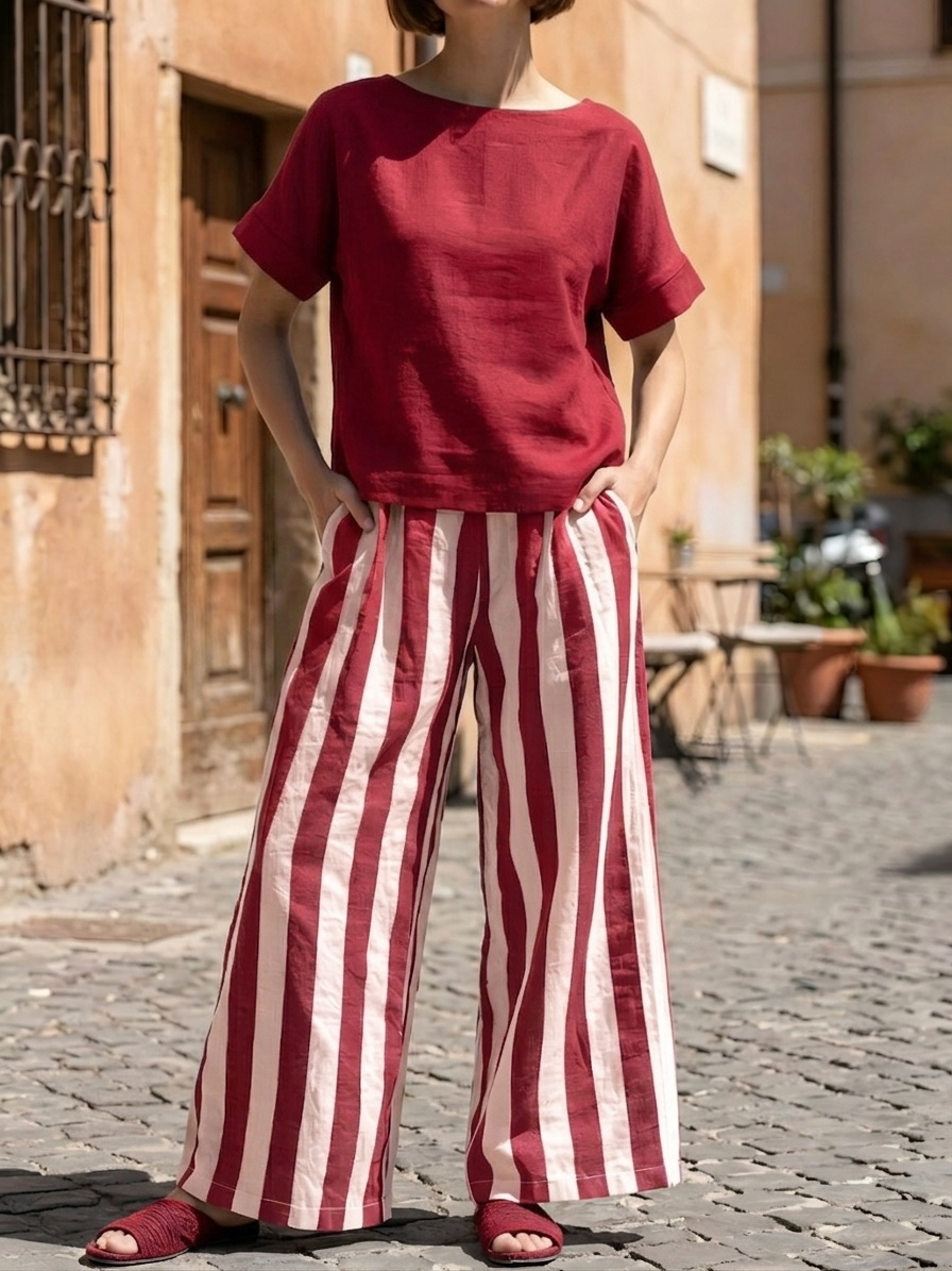 Women's Striped Art Comfortable Casual Top And Pants Cotton Linen Two-piece Set