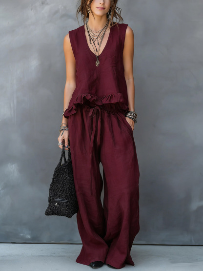 Women's V-neck Sleeveless Casual Loose Cotton Top With Elastic Waist And Wide-leg Pants Cotton Linen Set