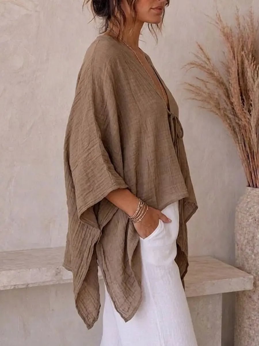 Women's Casual Loose Batwing Sleeve Tie Cotton Linen Top