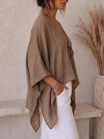 Women's Casual Loose Batwing Sleeve Tie Cotton Linen Top