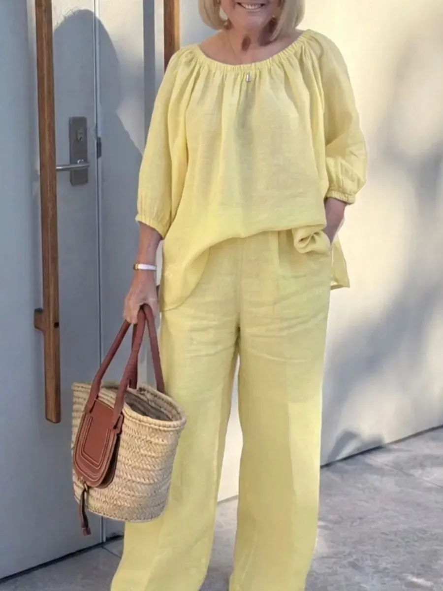Women'S Linen Shirt And Trousers Two-Piece Set