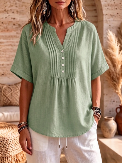 Clearance Sale🔥Women's Pleated V-Neck Linen Blouse