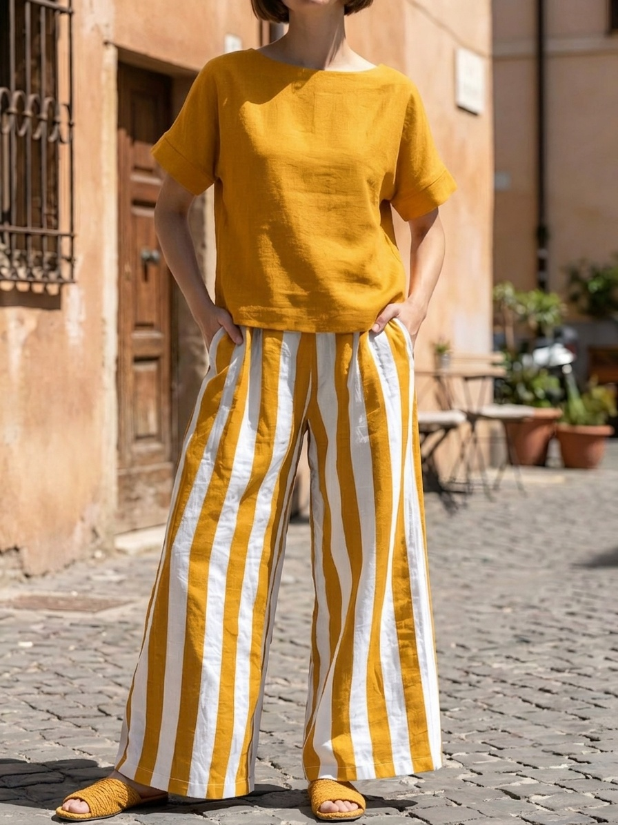 Women's Striped Art Comfortable Casual Top And Pants Cotton Linen Two-piece Set