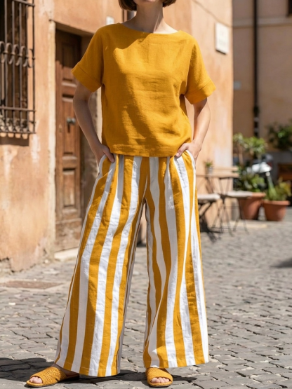 Women's Striped Art Comfortable Casual Top And Pants Cotton Linen Two-piece Set