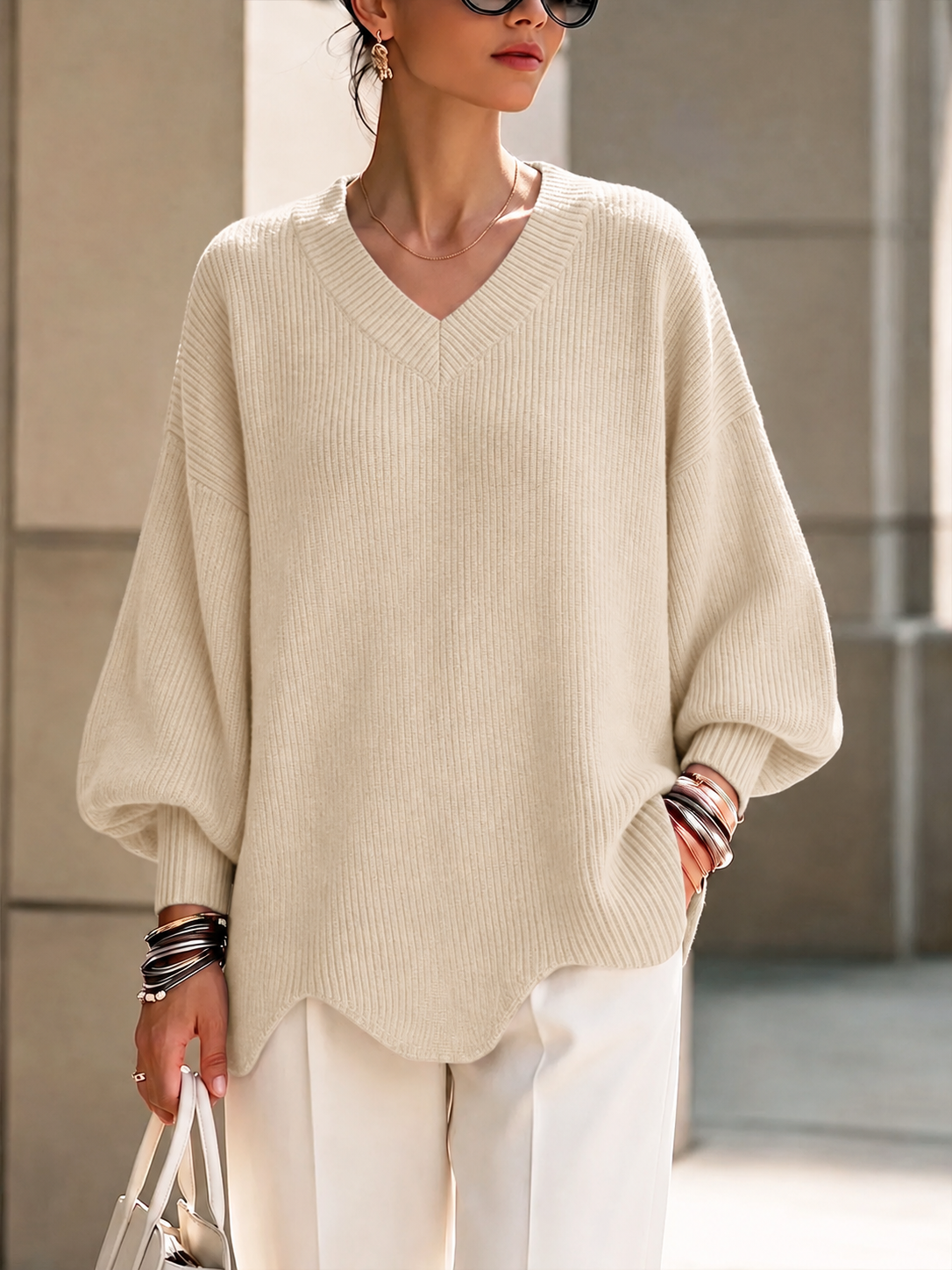 CLEARANCE SALE🔥Women's Solid Color V-neck Long-sleeved Casual Loose Pullover Knit Sweater