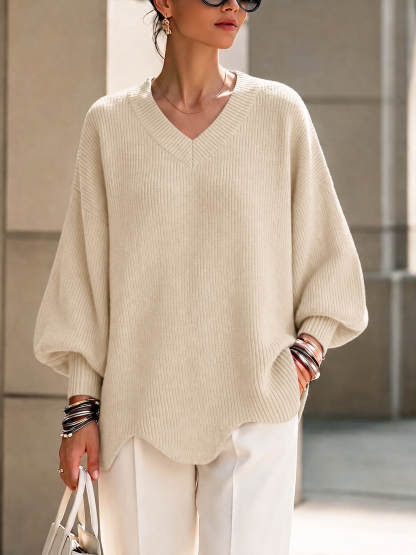 CLEARANCE SALE🔥Women's Solid Color V-neck Long-sleeved Casual Loose Pullover Knit Sweater