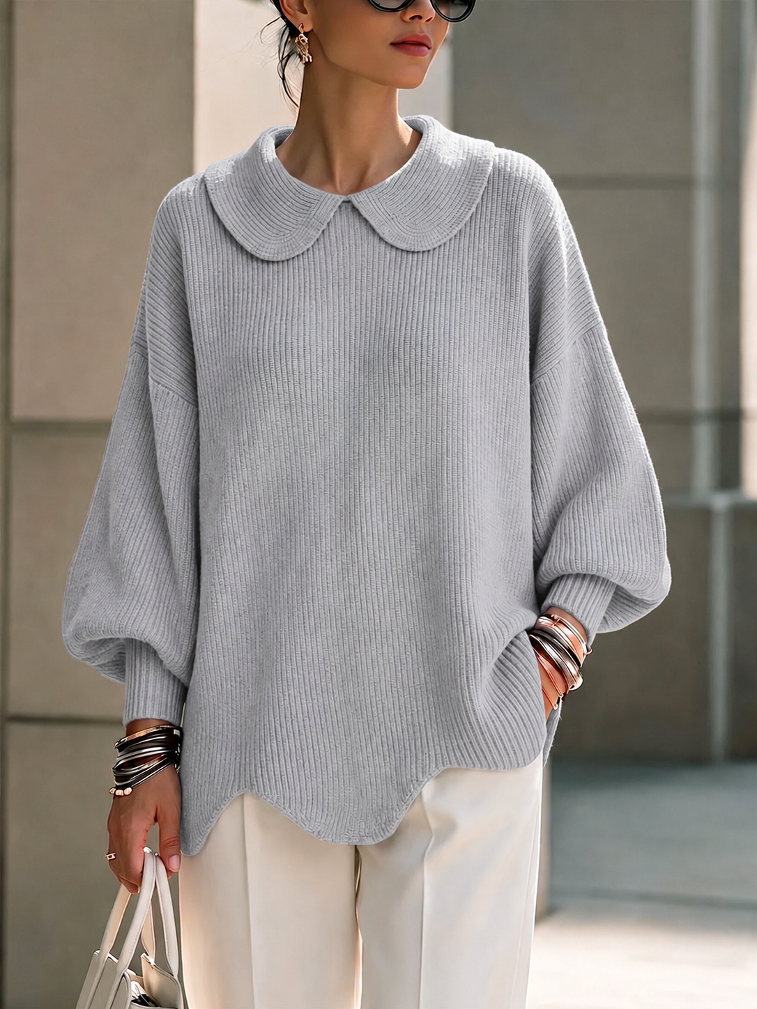CLEARANCE SALE🔥Women's Solid Color Peter Pan Collar Long Sleeve Casual Loose Pullover Knit Sweater