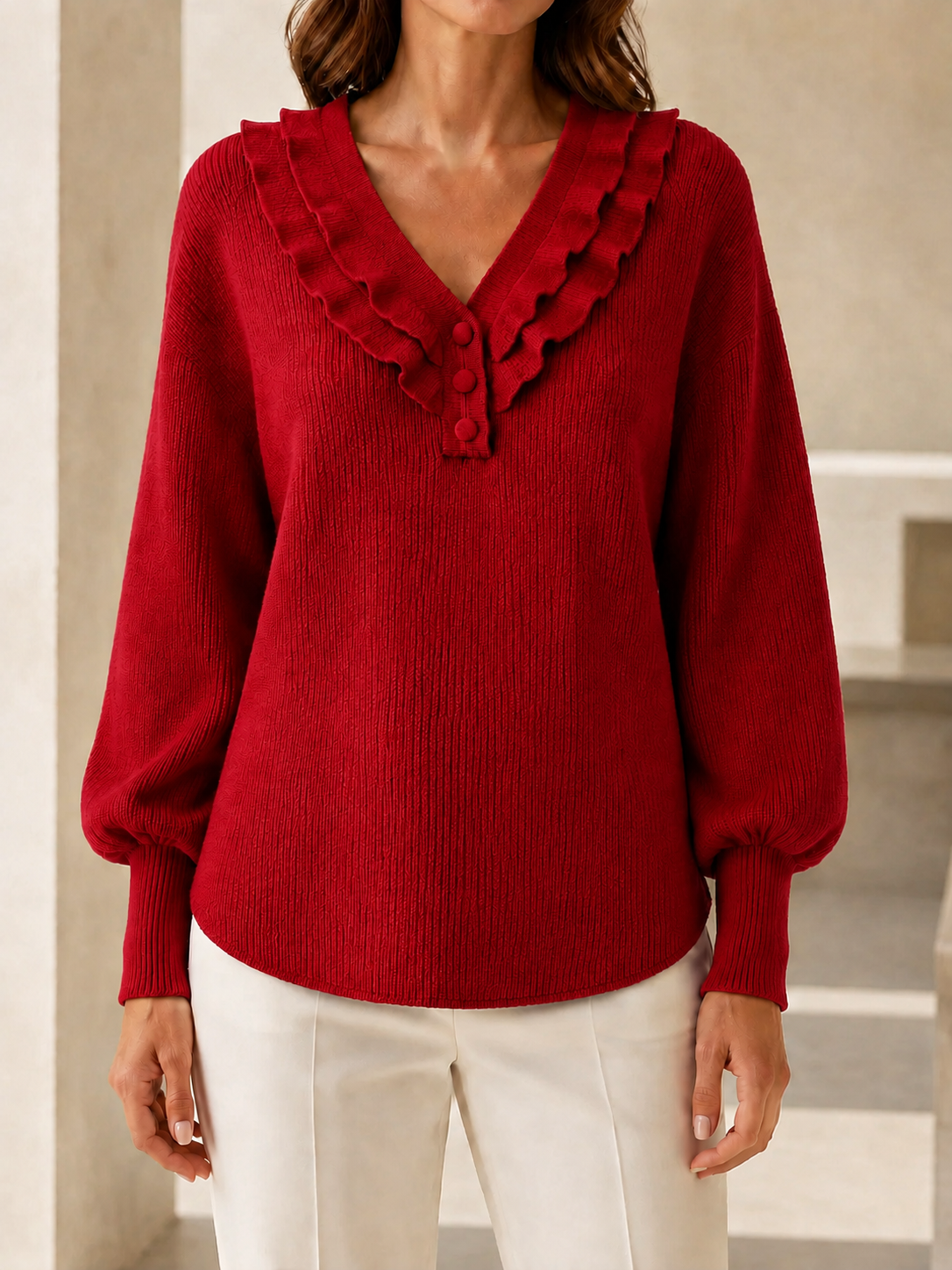  New Arrivals🔥Women’s Ruffle V-Neck Button-Detail Knit Sweater with Balloon Sleeves