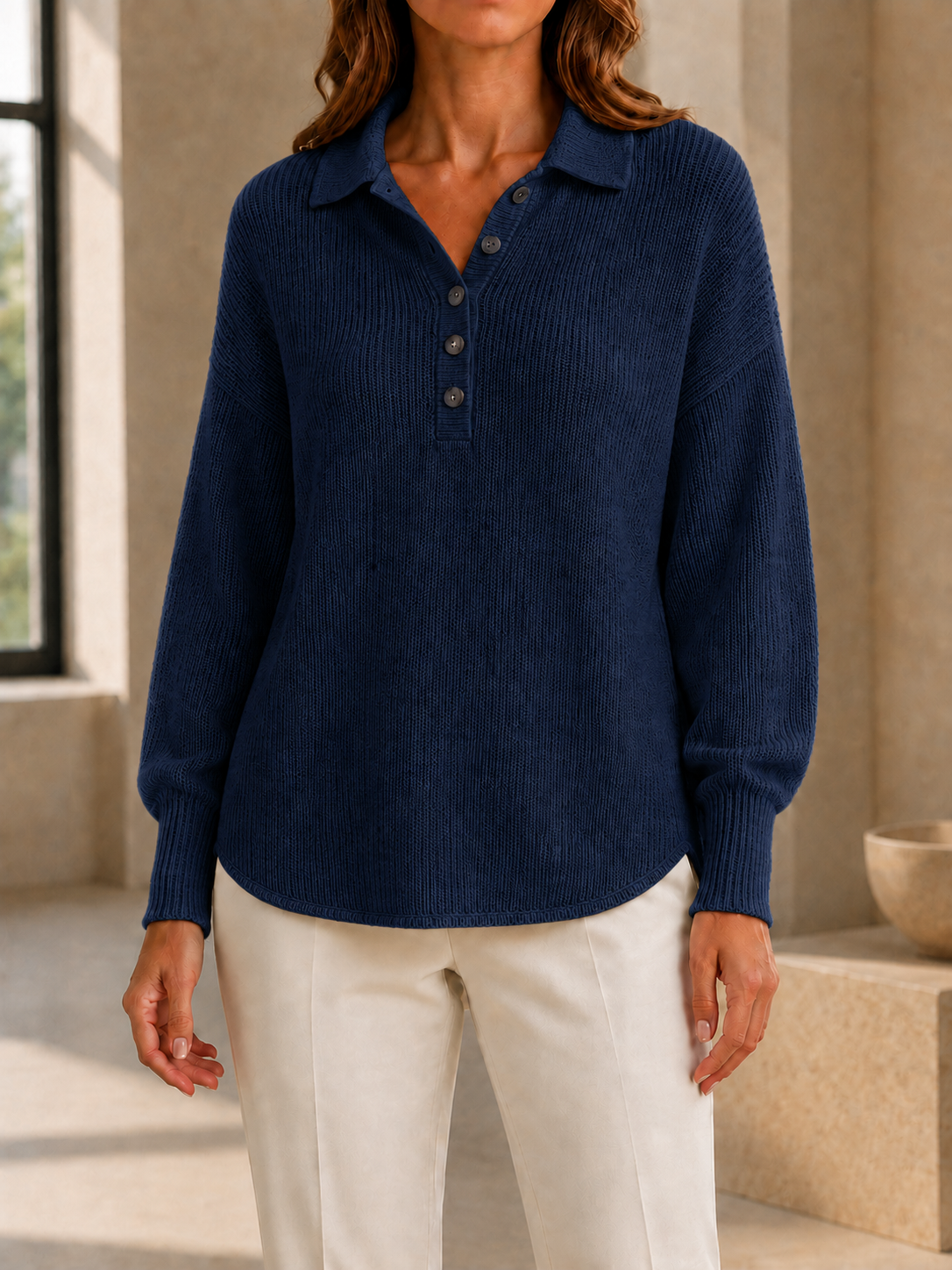 New Arrivals🔥Women’s Casual Polo Collar Button-Detail Knit Sweater with Relaxed Fit