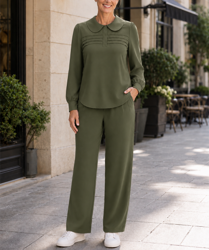 CLEARANCE SALE🔥Women’s Elegant Peter Pan Collar Pleated Detail Two-Piece Pants Set